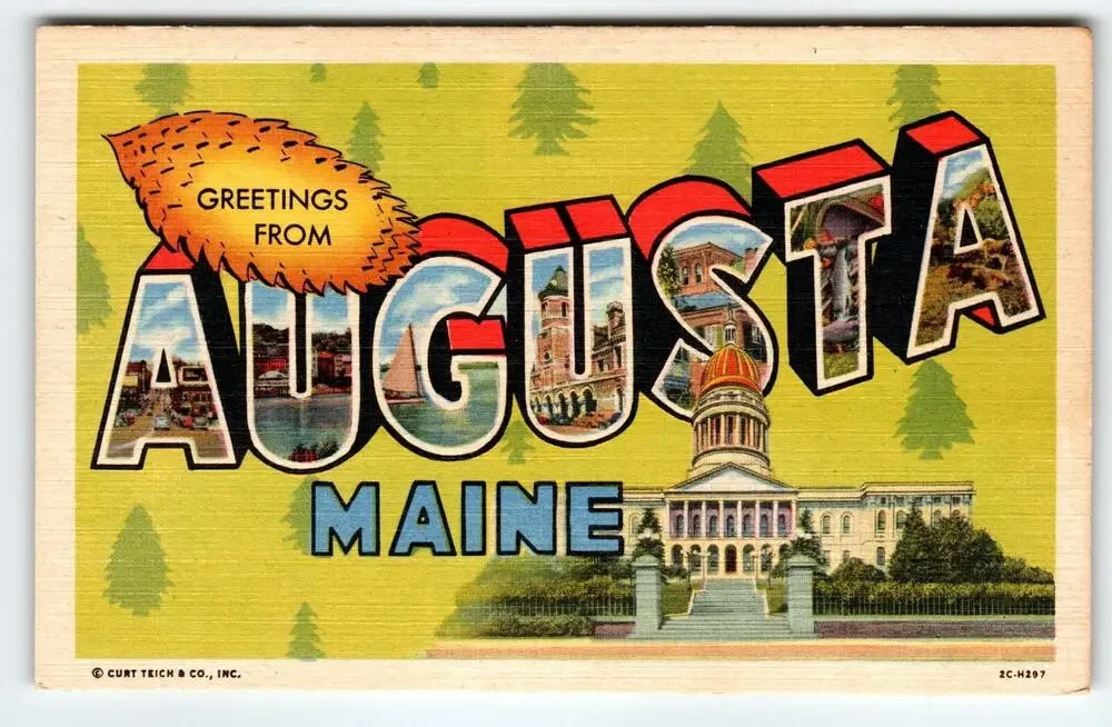Greetings From Augusta Maine Large Letter City Postcard Linen Vintage Curt Teich